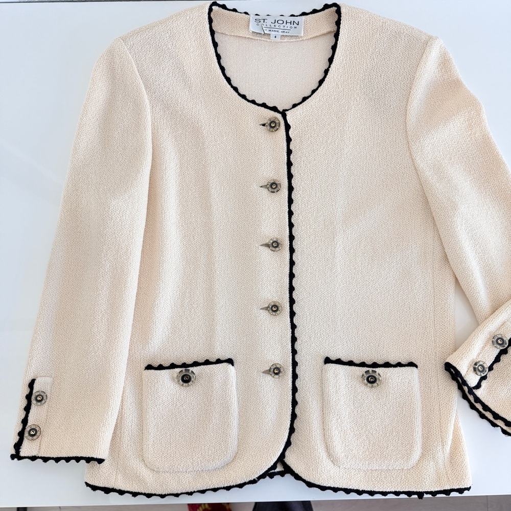 St. John Cream Bouclé Jacket with Black Trim - Picture 11 of 14